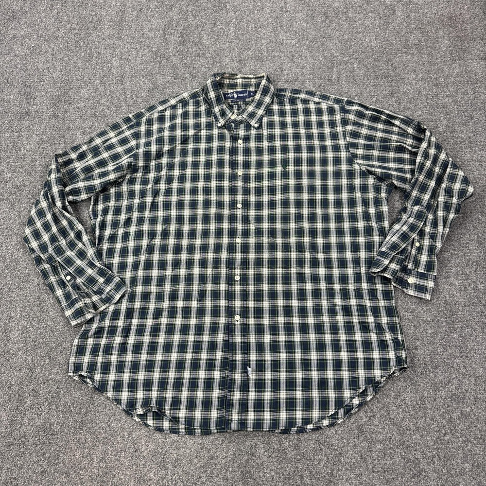 Vintage Ralph Lauren Shirt Mens XL Blue Green Plaid 100% Cotton Button Front